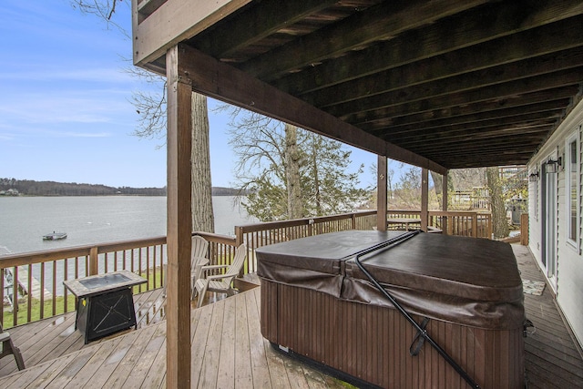 15095 N Barton Lake Dr, Vicksburg, MI 49097 - deck featuring a water view and a hot tub