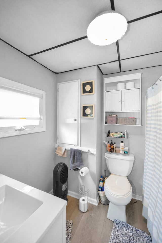 69465 High St, Union, MI 49130 - bathroom featuring wood finished floors, toilet, baseboards, a sink, and curtained shower