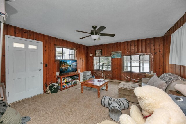 69465 High St, Union, MI 49130 - living area featuring carpet flooring, wooden walls, ceiling fan, and a baseboard heating unit