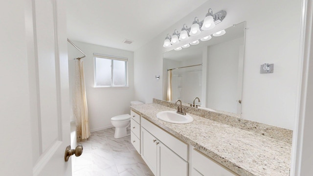 full bathroom with visible vents, baseboards, toilet, vanity, and marble finish floor