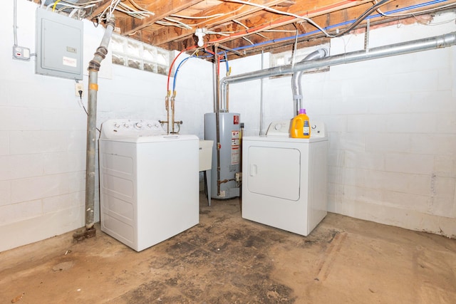 clothes washing area with water heater, washer and dryer, laundry area, and electric panel