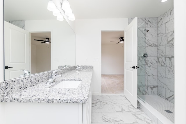 20233 Sunset Ave, Livonia, MI 48152 - full bath featuring a shower stall, marble finish floor, a sink, and a ceiling fan
