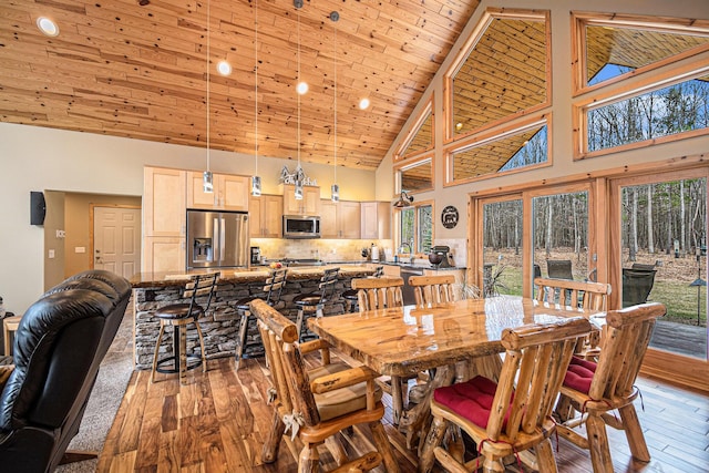 dining area featuring high vaulted ceiling, light wood finished floors, and wood ceiling