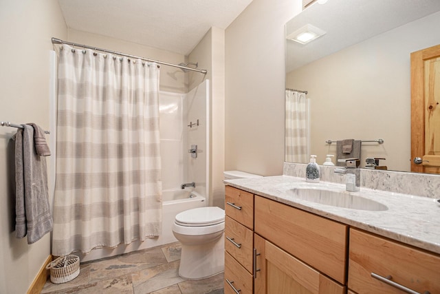 full bathroom featuring toilet, shower / tub combo with curtain, and vanity