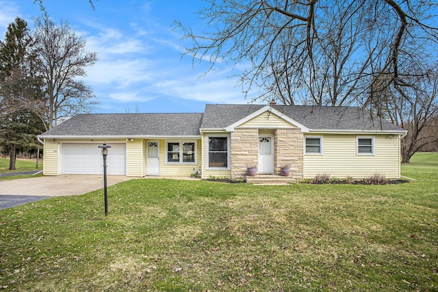 ranch-style home featuring aphalt driveway, roof with shingles, stone siding, a front lawn, and a garage