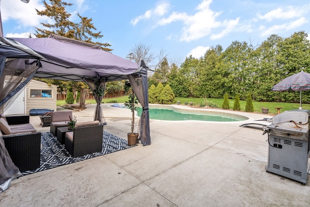 pool featuring a gazebo, grilling area, an outdoor hangout area, and a patio