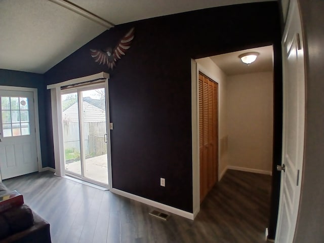 20446 Williamson St, Clinton Township, MI 48035 - entryway with baseboards, wood finished floors, and lofted ceiling