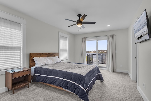 bedroom with light carpet, baseboards, ceiling fan, access to outside, and recessed lighting