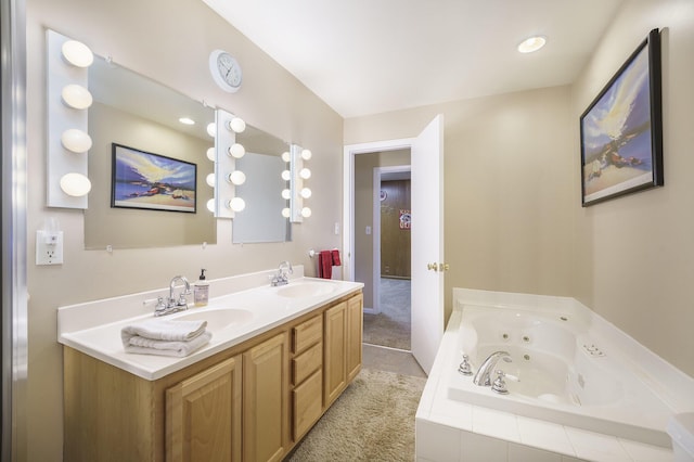 52473 Sheridan Rd, Paw Paw, MI 49079 - bathroom with double vanity, a jetted tub, and tile patterned flooring