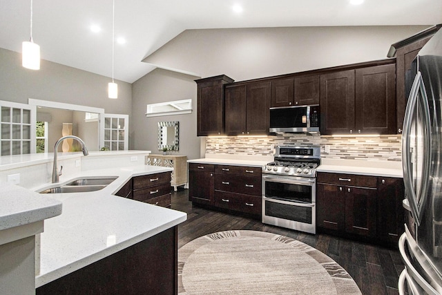kitchen with a sink, appliances with stainless steel finishes, dark brown cabinetry, dark wood-style floors, and backsplash