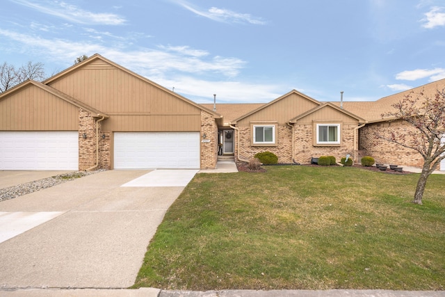 ranch-style home with brick siding, a front lawn, a garage, and driveway