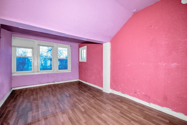 empty room with lofted ceiling, baseboards, and wood finished floors
