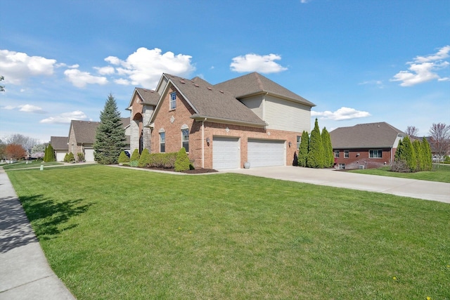view of front facade with brick siding, driveway, and a front lawn