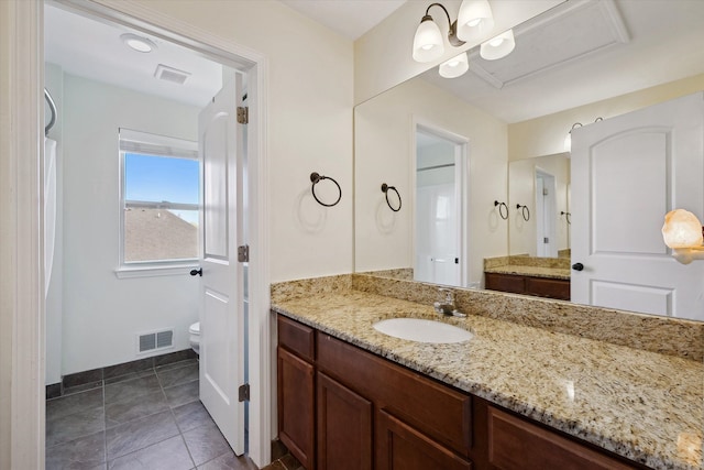 full bathroom with vanity, tile patterned flooring, toilet, and visible vents