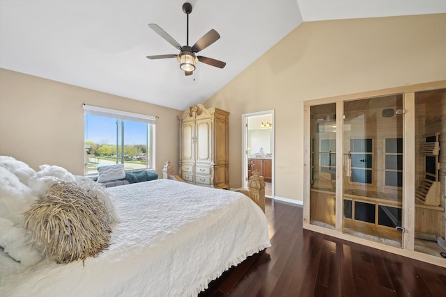 bedroom with connected bathroom, high vaulted ceiling, dark wood finished floors, a ceiling fan, and baseboards