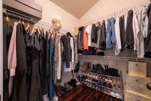 walk in closet featuring wood finished floors and lofted ceiling