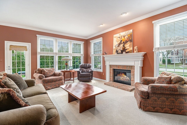 living area featuring ornamental molding, baseboards, carpet, and a fireplace