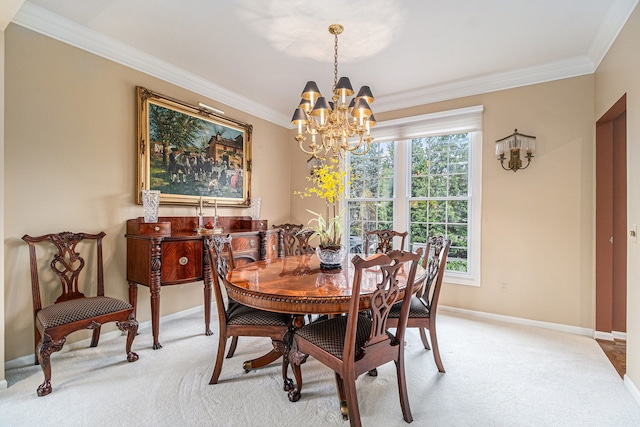 dining space featuring baseboards, light carpet, crown molding, and an inviting chandelier