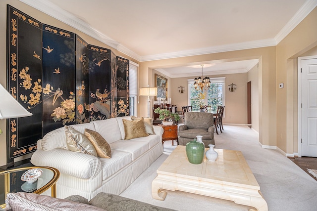 carpeted living area featuring crown molding, a chandelier, and baseboards