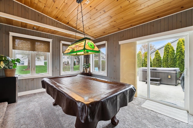 rec room with carpet floors, baseboards, wooden walls, wooden ceiling, and billiards