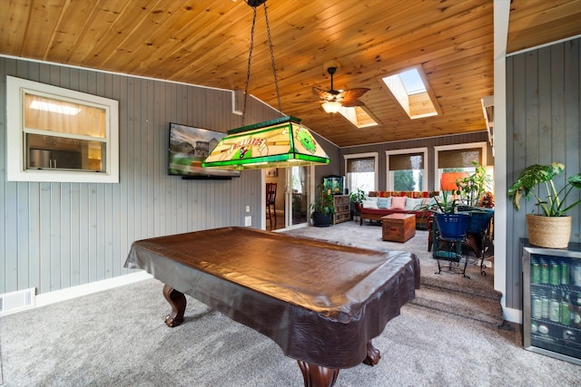 recreation room with carpet floors, ceiling fan, pool table, and visible vents