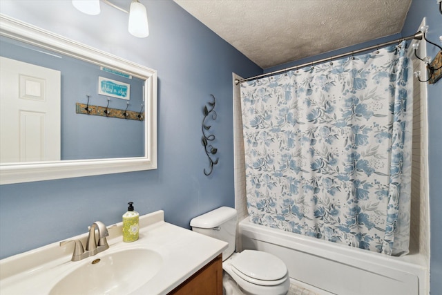 bathroom with vanity, toilet, a textured ceiling, and shower / tub combo