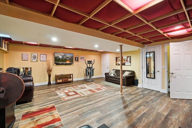 interior space with recessed lighting, baseboards, wood finished floors, and coffered ceiling