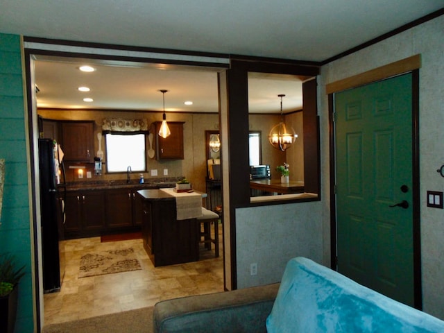 49407 Au Lac Dr E, Chesterfield, MI 48051 - kitchen with a chandelier, recessed lighting, decorative light fixtures, and freestanding refrigerator