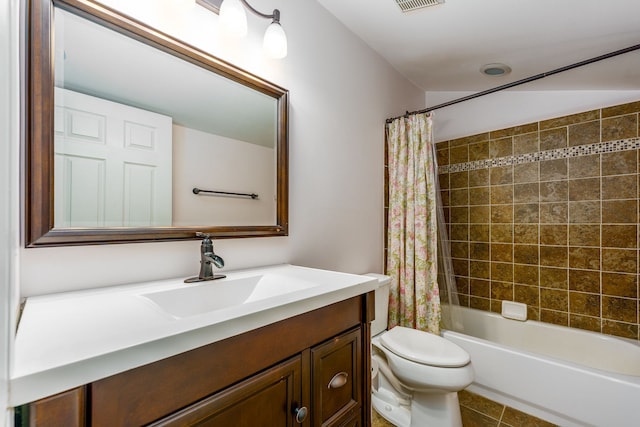 33 N Church St, Ortonville, MI 48462 - bathroom featuring shower / bathtub combination with curtain, vanity, toilet, visible vents, and tile patterned flooring