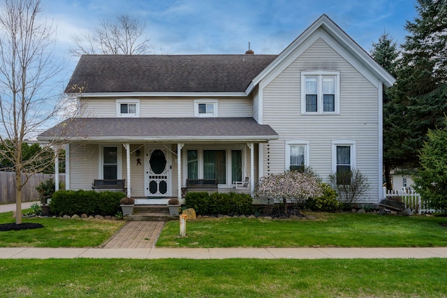 33 N Church St, Ortonville, MI 48462 - view of front of home featuring a porch, a front lawn, roof with shingles, and fence