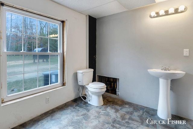bathroom featuring stone finish floor, toilet, a drop ceiling, and a sink