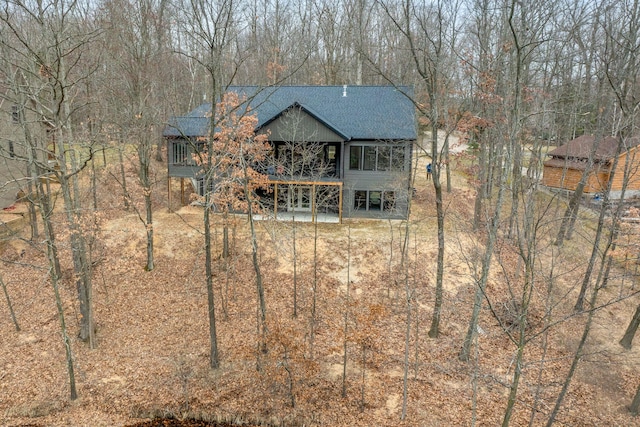 back of house featuring roof with shingles