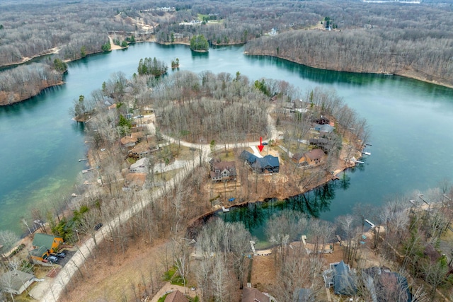 bird's eye view featuring a water view and a forest view