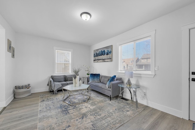 living area featuring wood finished floors and baseboards