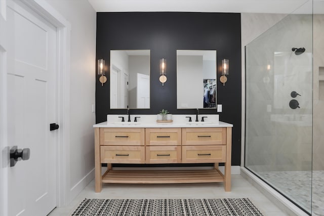 21907 Westcroft Dr, Grosse Ile, MI 48138 - full bath with tile patterned floors, double vanity, a tile shower, and a sink
