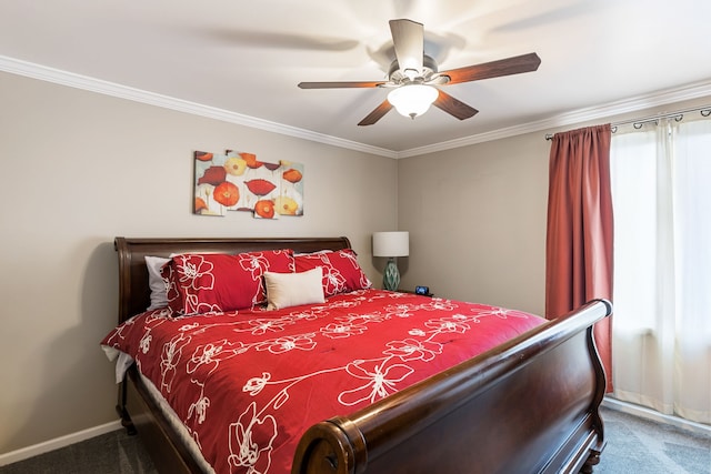 bedroom with carpet flooring, ornamental molding, baseboards, and ceiling fan