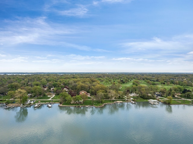 view of property location featuring a nearby body of water and a heavily wooded area