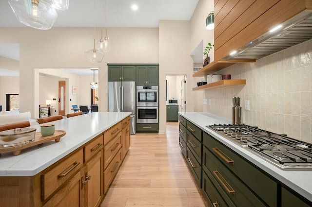 kitchen featuring custom range hood, tasteful backsplash, open shelves, stainless steel appliances, and light wood finished floors