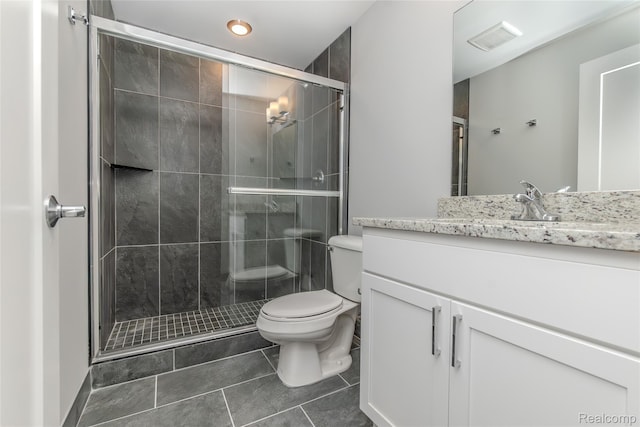 25549 Grandview Ln Unit 31, Novi, MI 48375 - bathroom featuring vanity, a shower stall, tile patterned floors, and recessed lighting