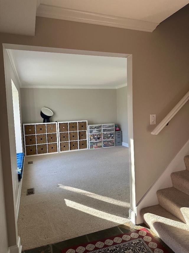 interior space with visible vents, ornamental molding, baseboards, and carpet floors