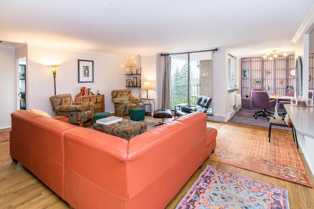 1050 Wall St Unit 3C, Ann Arbor, MI 48105 - living room with crown molding, a chandelier, and light wood-type flooring