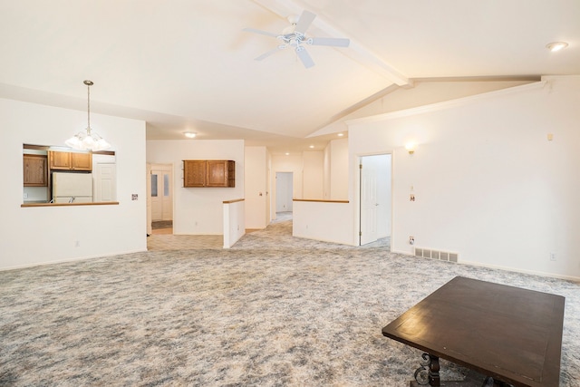 unfurnished living room with light carpet, vaulted ceiling with beams, visible vents, and a ceiling fan