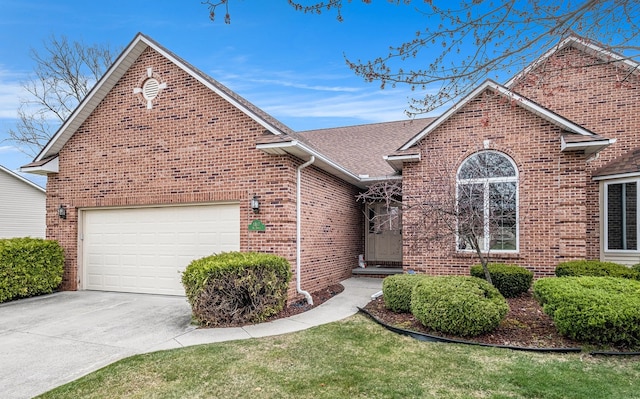single story home with brick siding, driveway, a garage, and roof with shingles