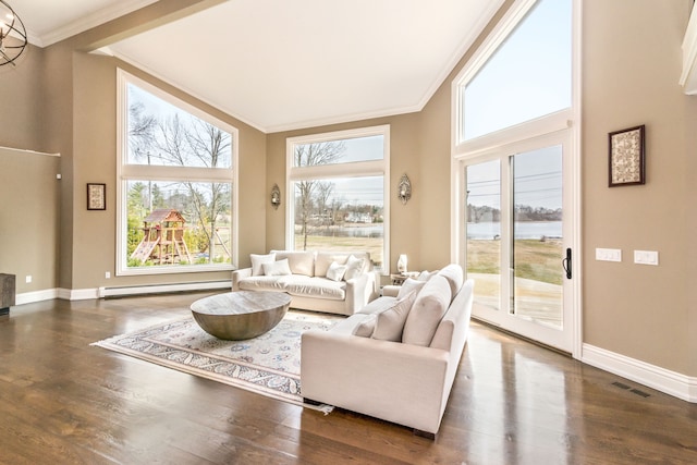 living area with crown molding, visible vents, baseboards, wood finished floors, and a baseboard radiator