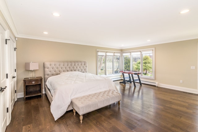 bedroom with recessed lighting, ornamental molding, and dark wood-type flooring