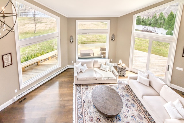 sunroom / solarium featuring visible vents, baseboard heating, and a healthy amount of sunlight