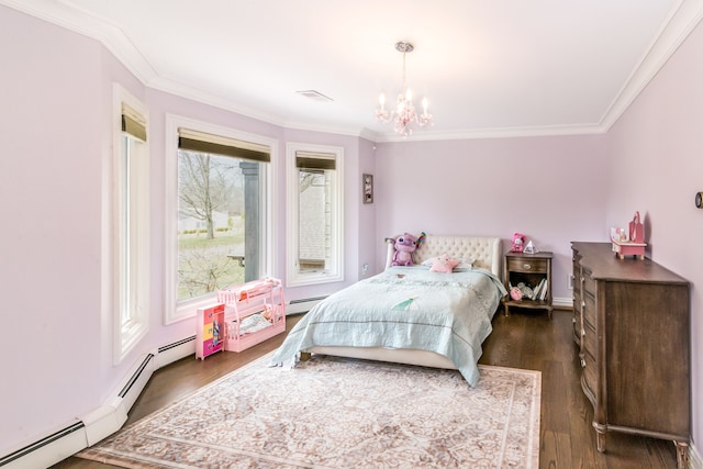 bedroom featuring an inviting chandelier, a baseboard radiator, crown molding, and dark wood-style flooring