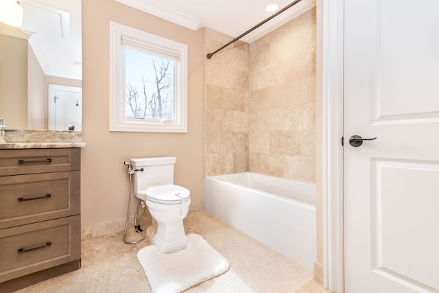 full bathroom with tile patterned floors, ornamental molding, toilet, shower / washtub combination, and vanity