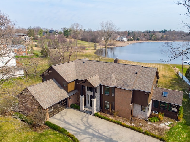 aerial view featuring a water view