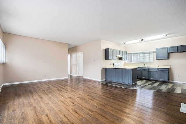 kitchen with dark wood-style flooring, light countertops, a sink, open floor plan, and baseboards